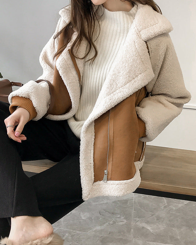Cream oversized plush shearling jacket with asymmetric zip from Lumina Wear, featuring a cozy, stylish design.