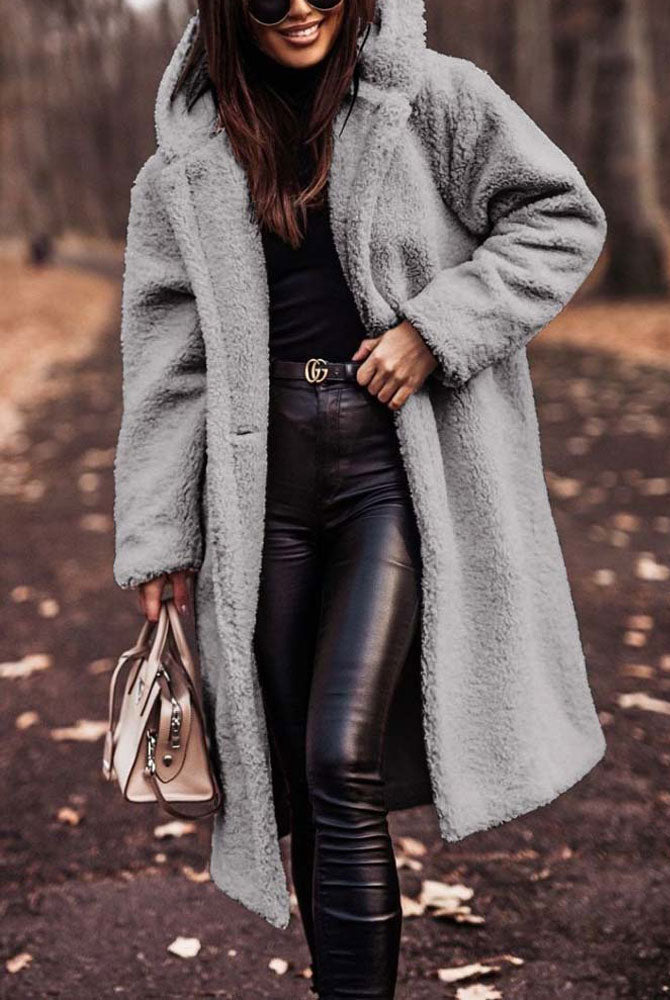 Lumina Wear Isabella oversized plush teddy fleece winter coat with notched lapel, cozy and warm for women.