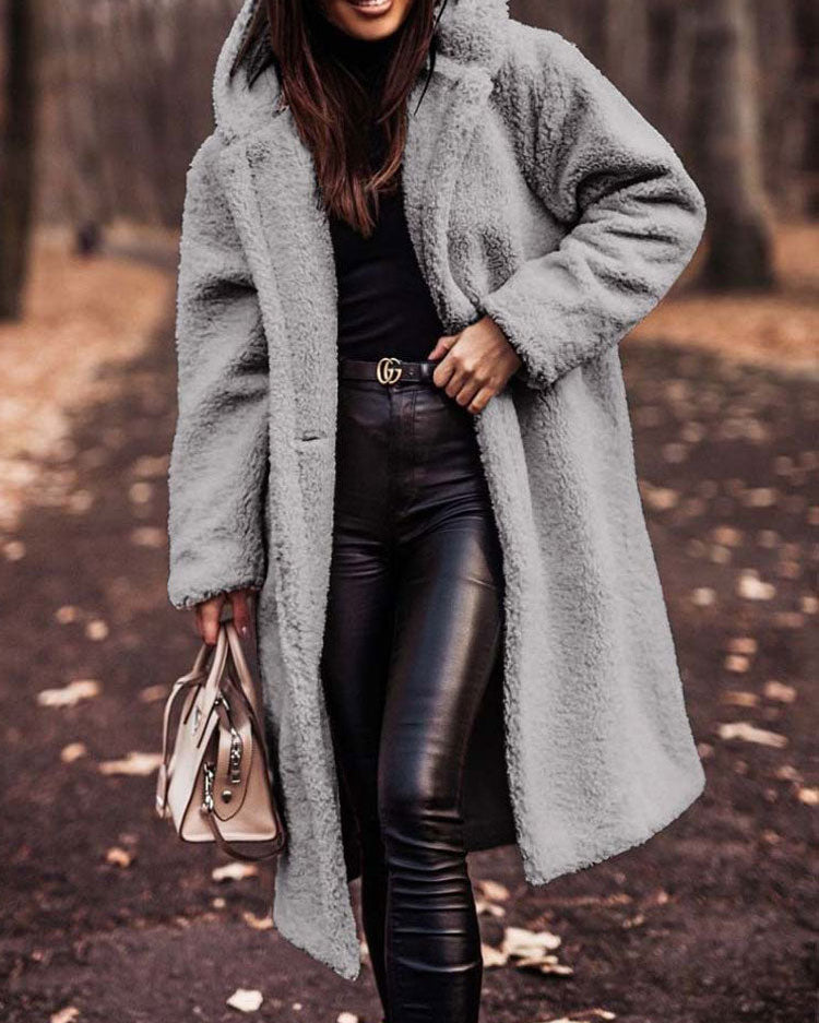 Lumina Wear Isabella oversized plush teddy fleece winter coat with notched lapel, cozy and stylish for cold weather.