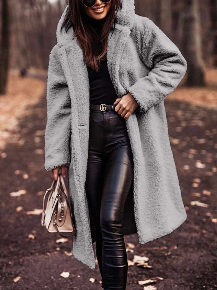 Lumina Wear Isabella oversized plush teddy fleece winter coat with notched lapel, cozy and warm for women.