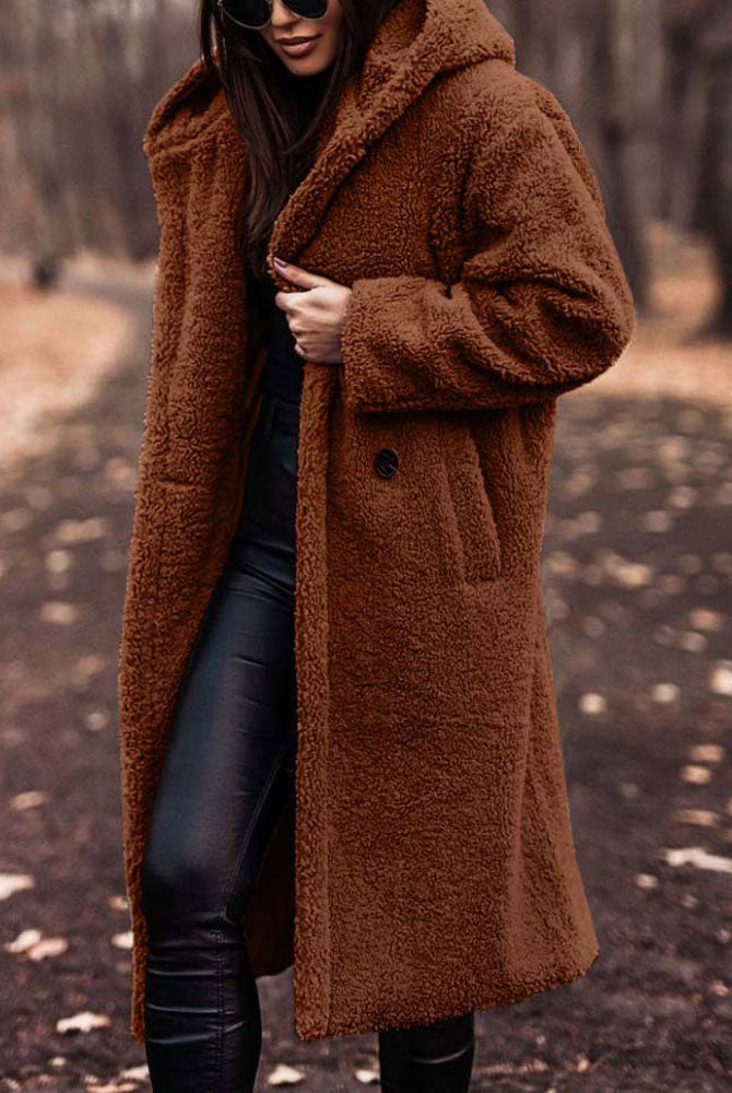 Lumina Wear Isabella oversized plush teddy fleece winter coat with notched lapel, cozy and stylish women's jacket.