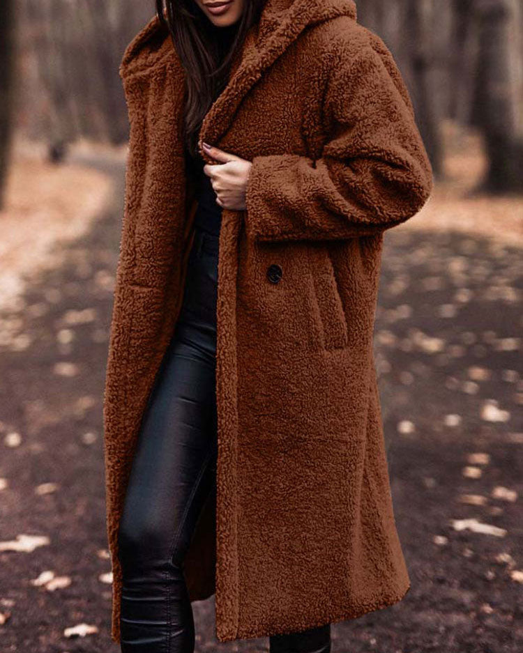Lumina Wear Isabella oversized plush teddy fleece winter coat with notched lapel, soft and cozy for cold weather.