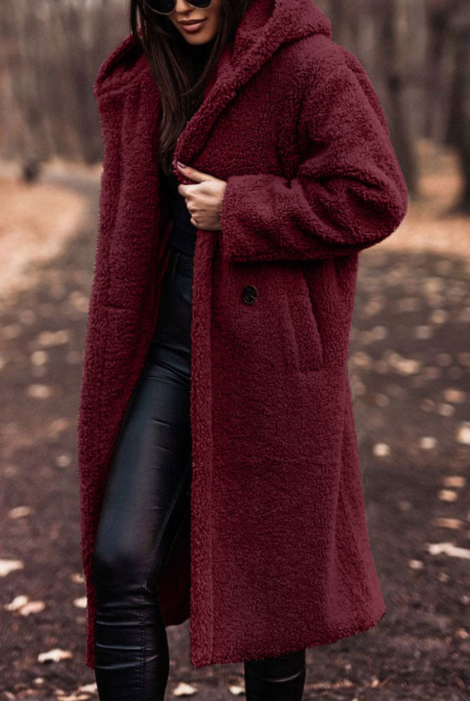 Lumina Wear Isabella oversized plush teddy fleece winter coat with notched lapel, soft and warm for women.