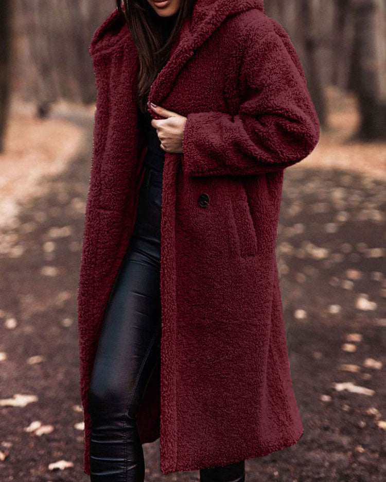 Lumina Wear Isabella oversized plush teddy fleece winter coat with notched lapel, soft textured exterior and cozy fit.