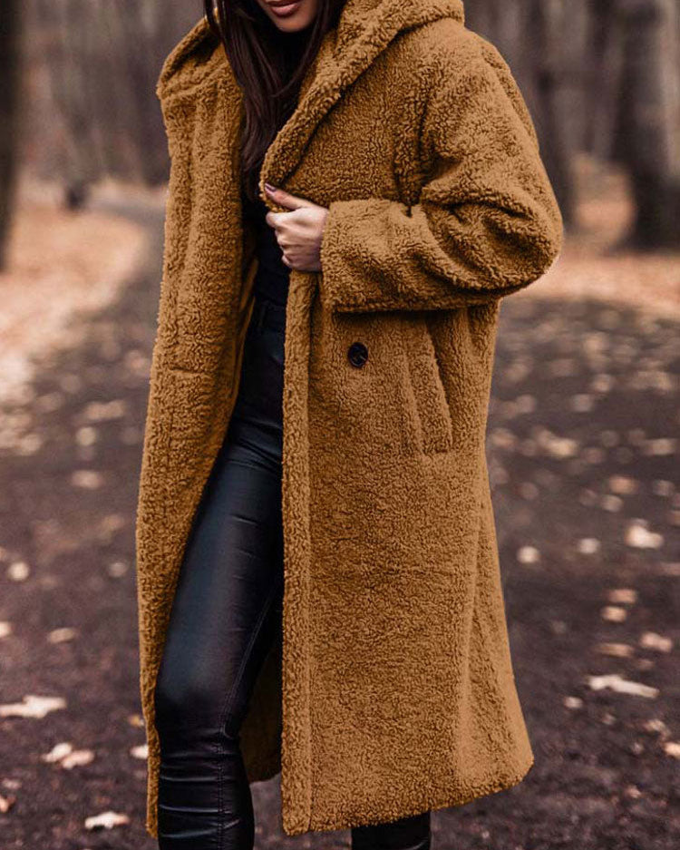 Lumina Wear Isabella oversized plush teddy fleece winter coat with notched lapel, cozy and stylish for cold weather.