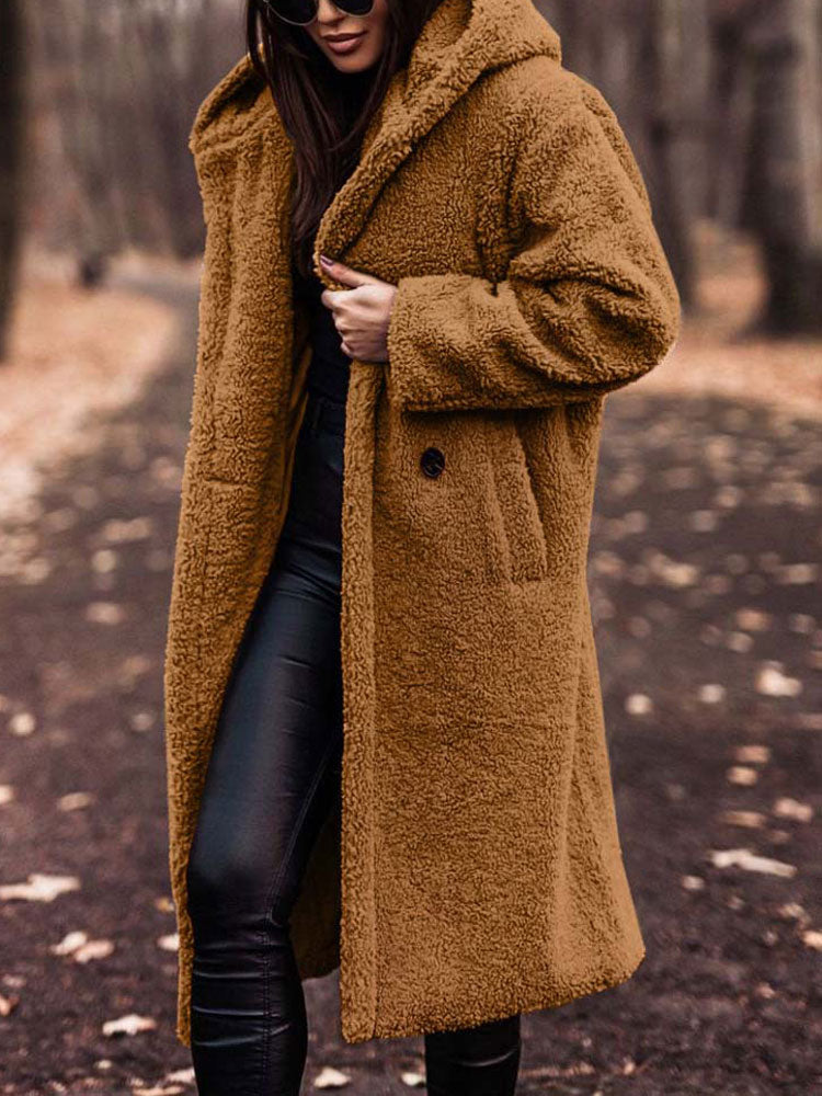 Lumina Wear Isabella oversized plush teddy fleece winter coat with notched lapel, cozy and stylish for women's cold-weather wear.