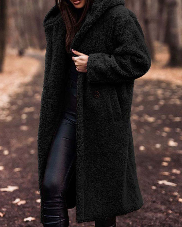 Lumina Wear Isabella oversized plush teddy fleece winter coat with notched lapel, showcasing its cozy, warm design and soft fabric.
