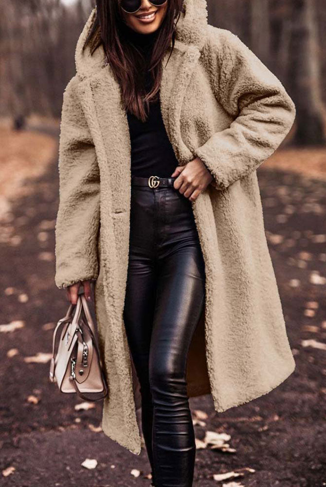 Lumina Wear Isabella oversized plush teddy fleece winter coat with notched lapel, cozy and stylish women's outerwear.