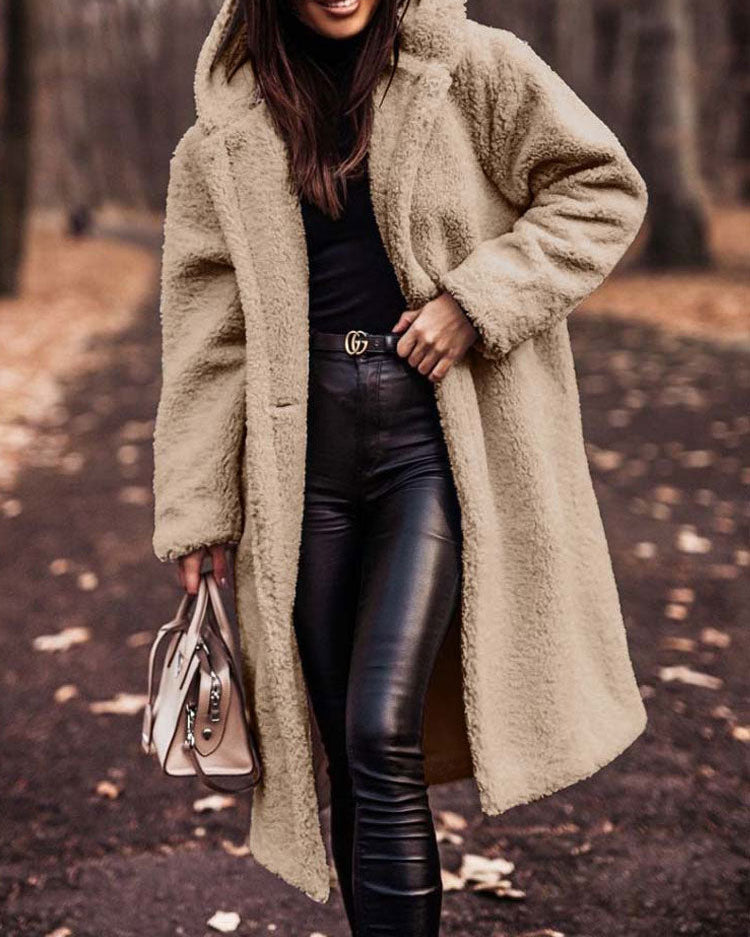 Lumina Wear Isabella oversized plush teddy fleece winter coat with notched lapel, cozy and stylish for cold weather.