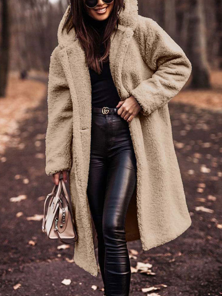 Lumina Wear Isabella oversized plush teddy fleece winter coat with notched lapel, cozy and stylish women's outerwear.