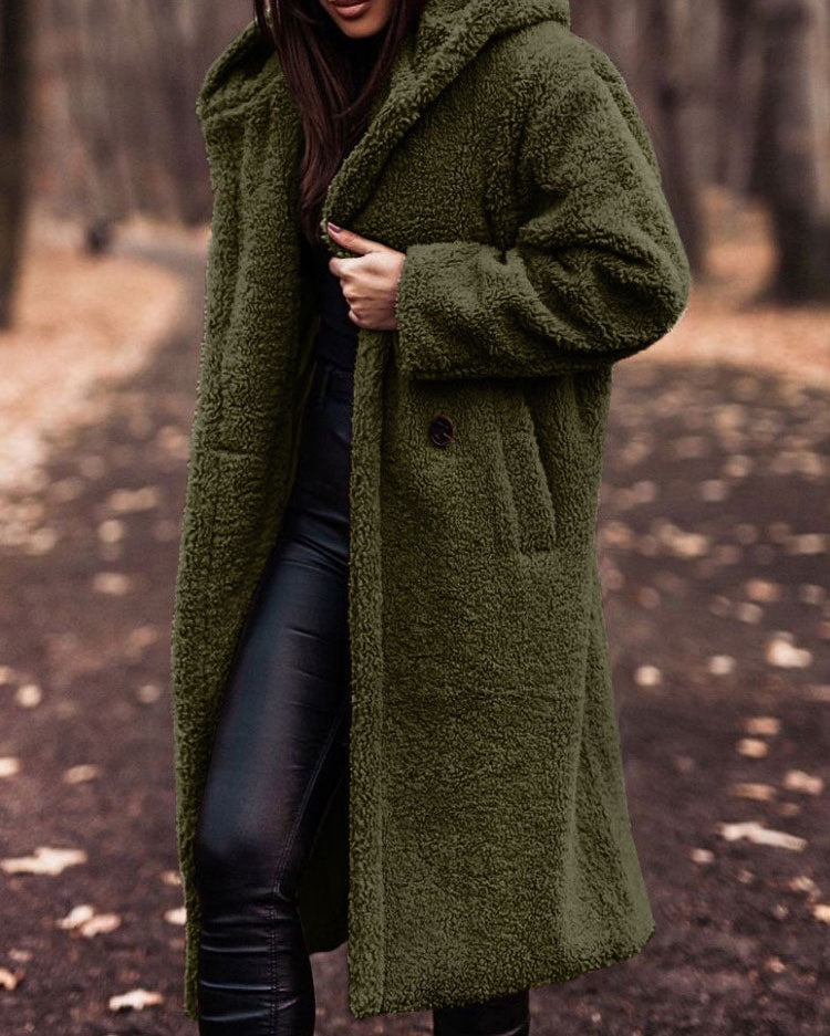 Lumina Wear Isabella oversized plush teddy fleece winter coat with notched lapel, soft and warm for cold weather.