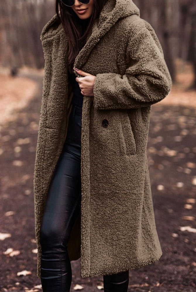 Lumina Wear Isabella oversized plush teddy fleece winter coat with notched lapel, shown in a cozy, stylish women's jacket.