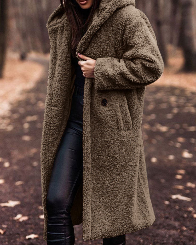Lumina Wear Isabella oversized plush teddy fleece winter coat with notched lapel, cozy and stylish for cold weather.