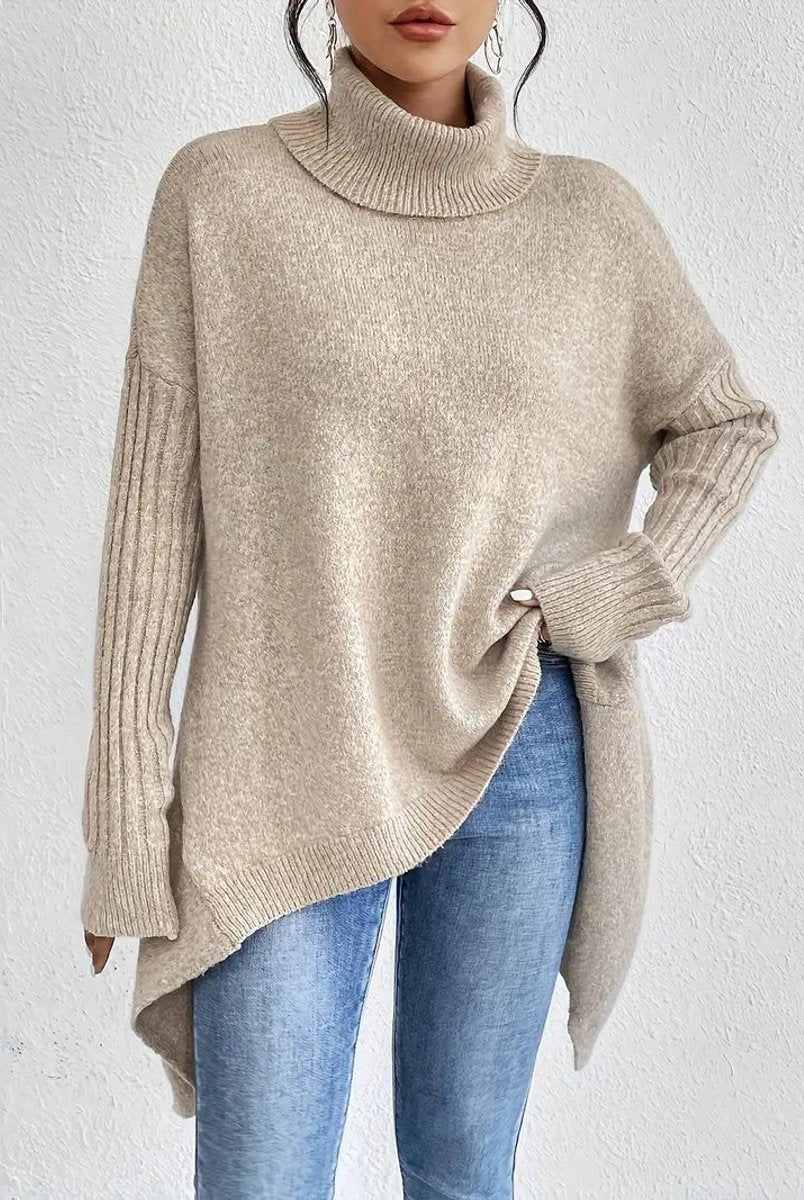 Lumina Wear Isabella oversized ribbed turtleneck sweater with longline fit, featuring a cozy knit and relaxed silhouette.