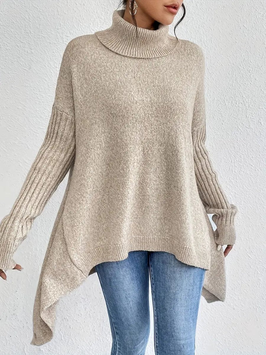 Lumina Wear Isabella oversized ribbed turtleneck sweater with longline fit, shown in a cozy, stylish women's sweater silhouette.