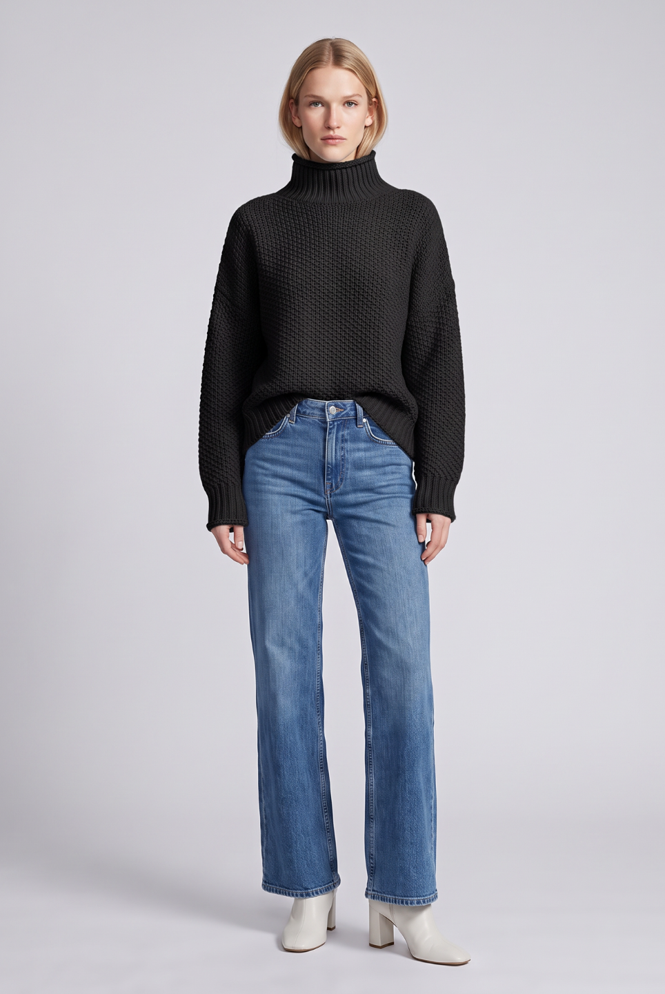 Lumina Wear Isabella oversized textured waffle-knit turtleneck sweater in neutral color, cozy and stylish for fall and winter.