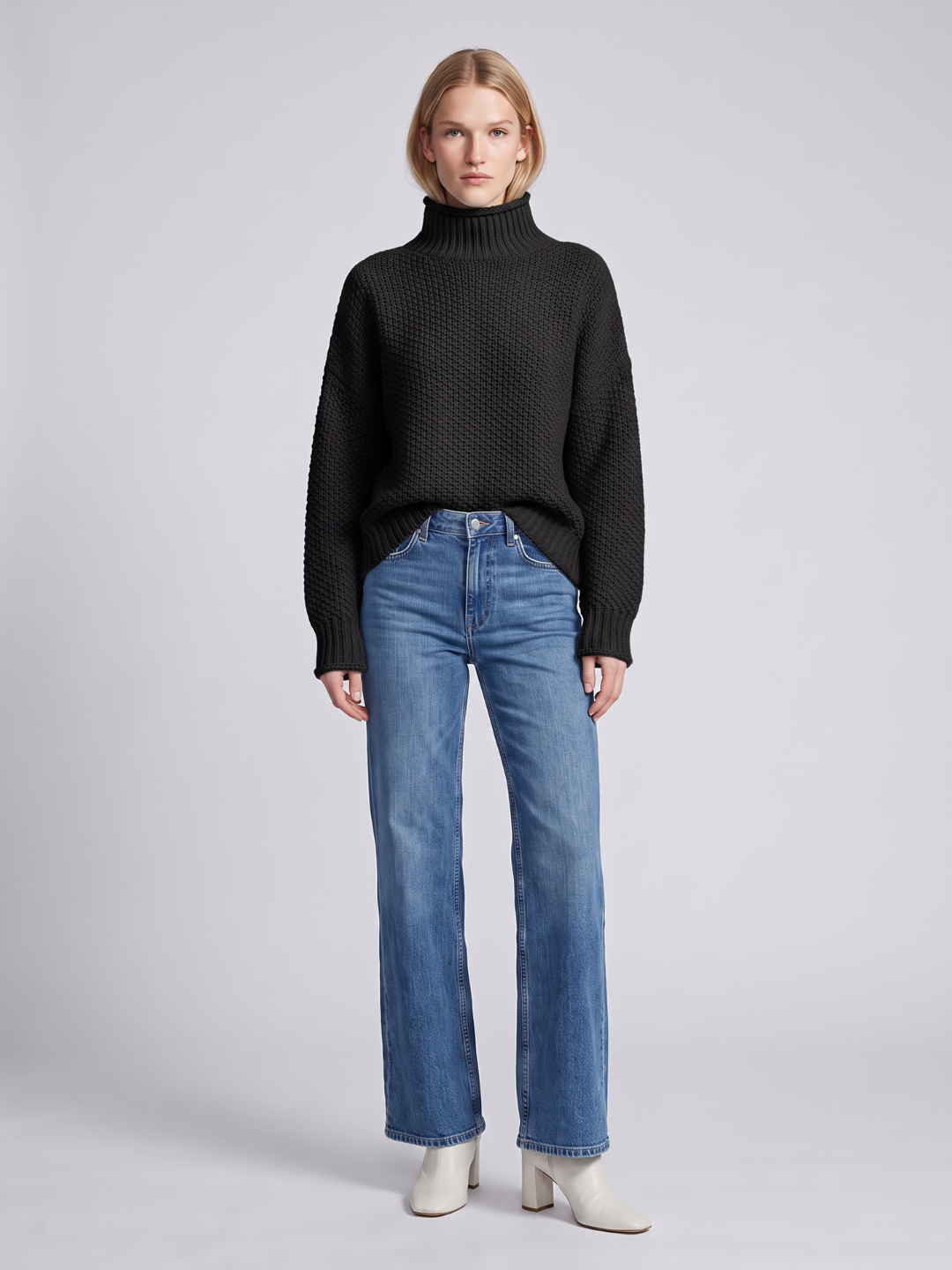 Lumina Wear Isabella oversized textured waffle-knit sweater with turtleneck, women's cozy and stylish knitwear for cold weather.