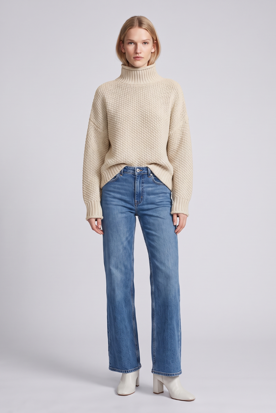 Isabella Lumina oversized textured waffle-knit turtleneck sweater in neutral color, featuring a cozy, chunky knit design.
