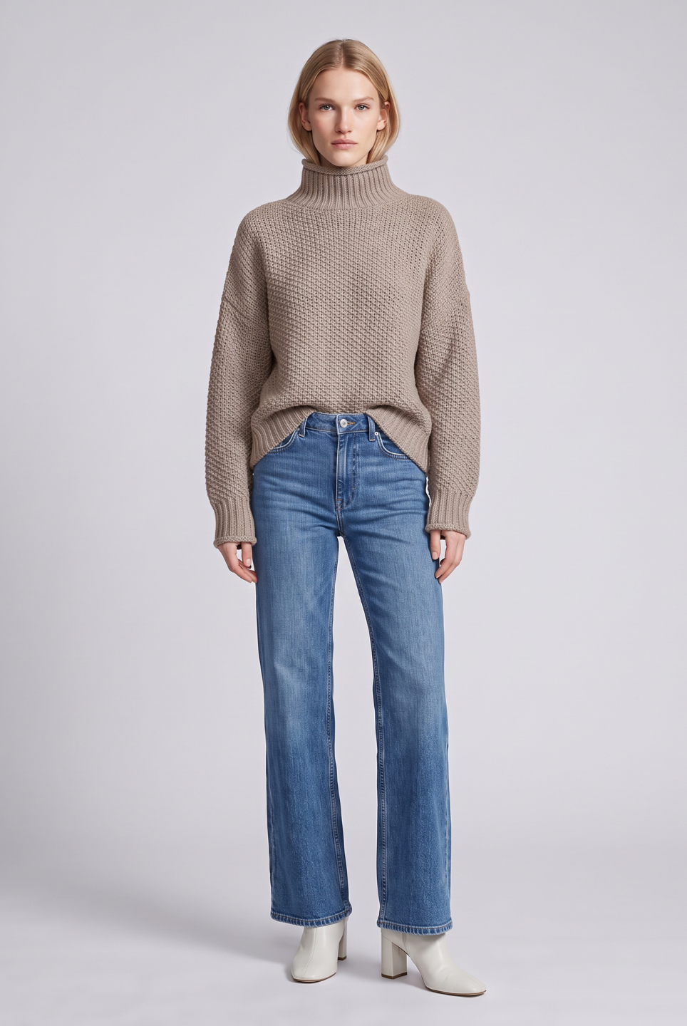 Light gray oversized textured waffle-knit sweater with turtleneck by Lumina Wear, shown on a model.