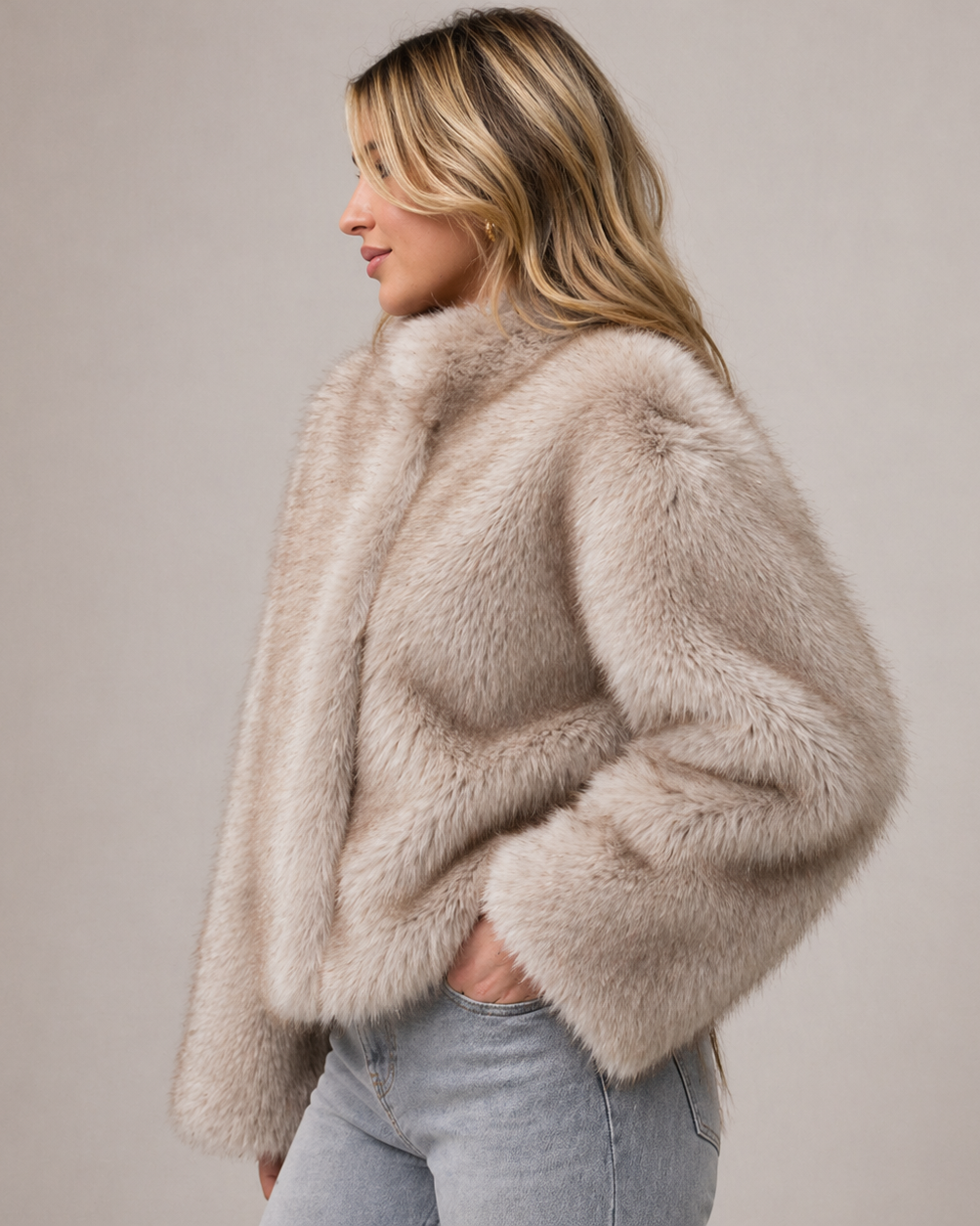 Lumina Wear Isabella plush faux fur cropped jacket with relaxed fit, cozy and stylish outerwear for cold weather.