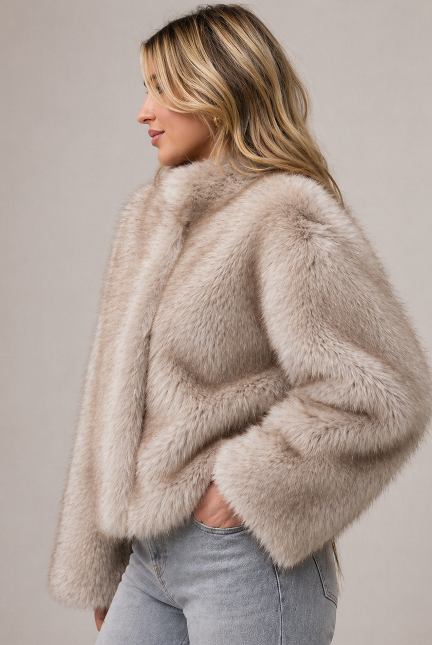 Lumina Wear Isabella plush cropped faux fur jacket for women, relaxed fit with cozy, soft texture, stylish winter outerwear.