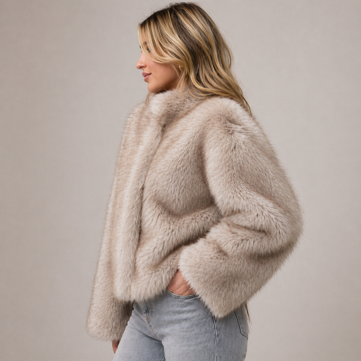 Lumina Wear Isabella plush cropped faux fur jacket for women, relaxed fit with cozy, soft texture, stylish winter outerwear.
