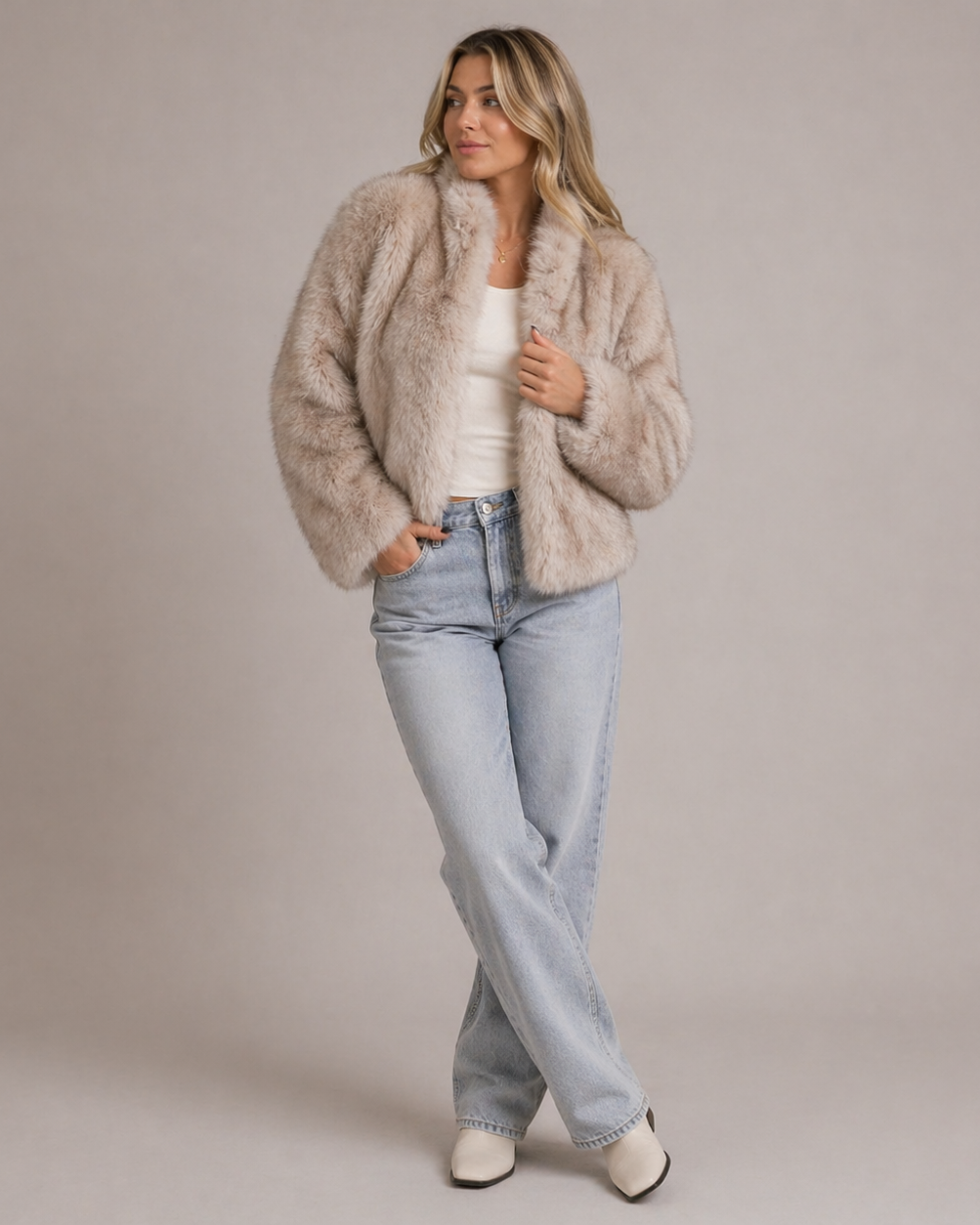 Lumina Wear Isabella plush faux fur cropped jacket with relaxed fit, soft texture, and stylish design.