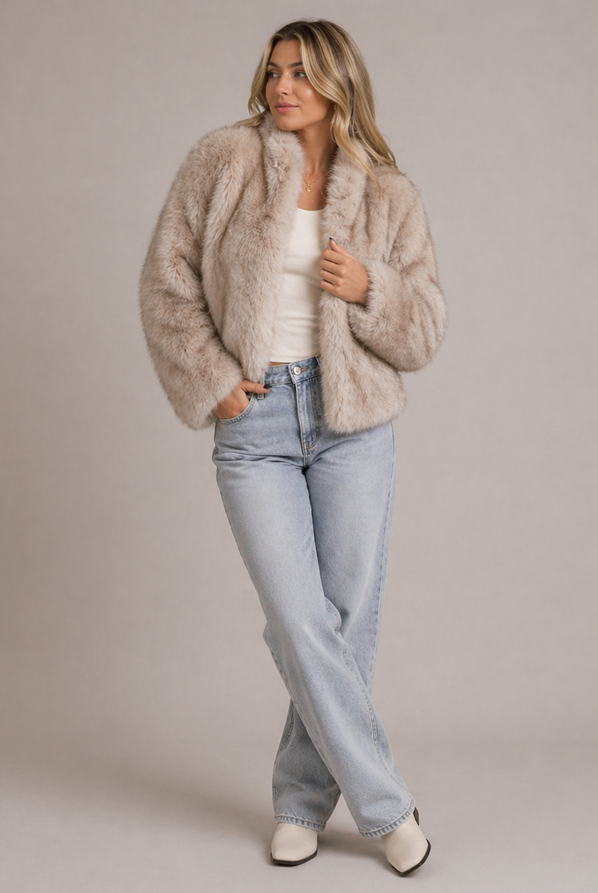 Lumina Wear Isabella plush cropped faux fur jacket for women, featuring a relaxed fit and cozy, luxurious texture in the image.