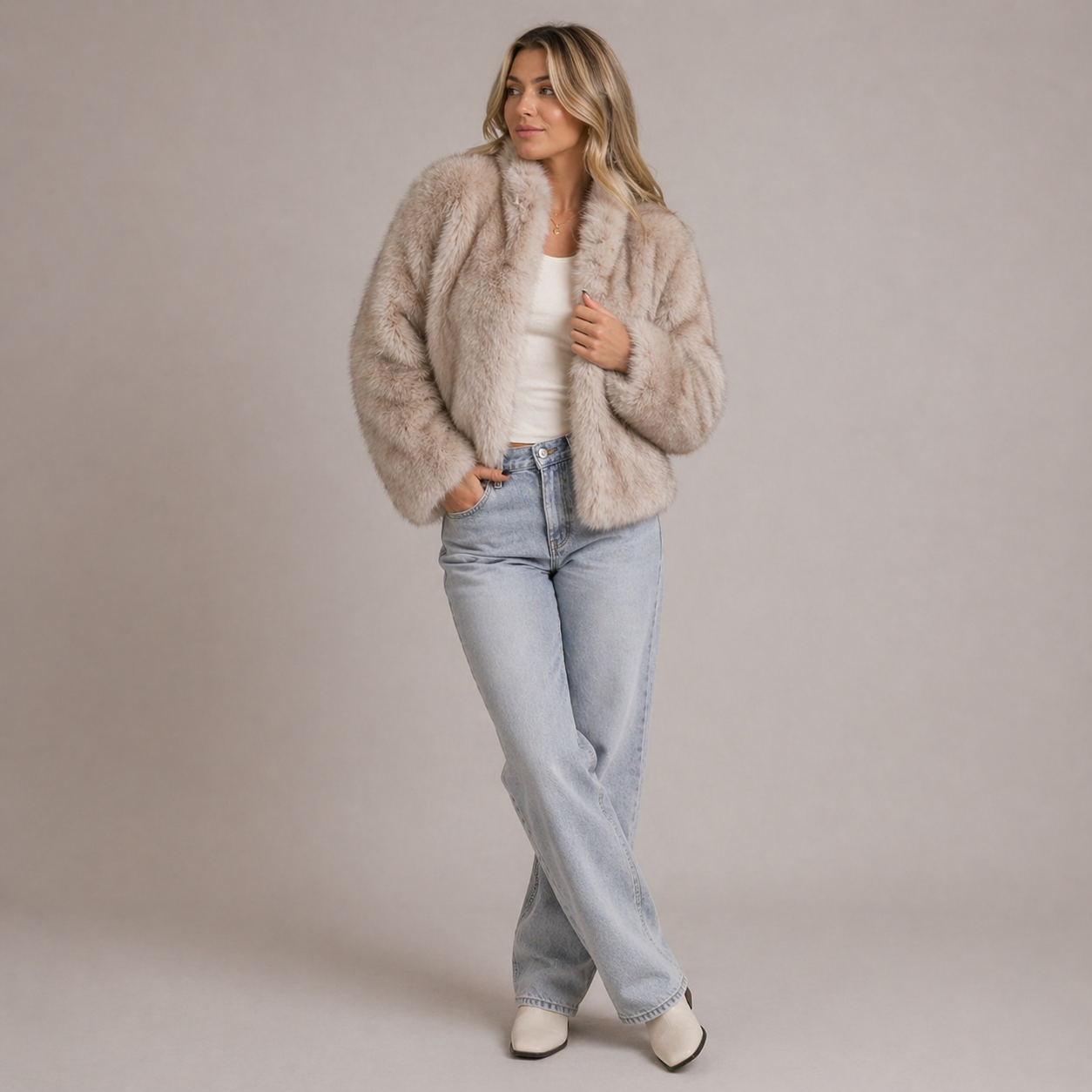 Lumina Wear Isabella plush cropped faux fur jacket for women, featuring a relaxed fit and cozy, luxurious texture in the image.
