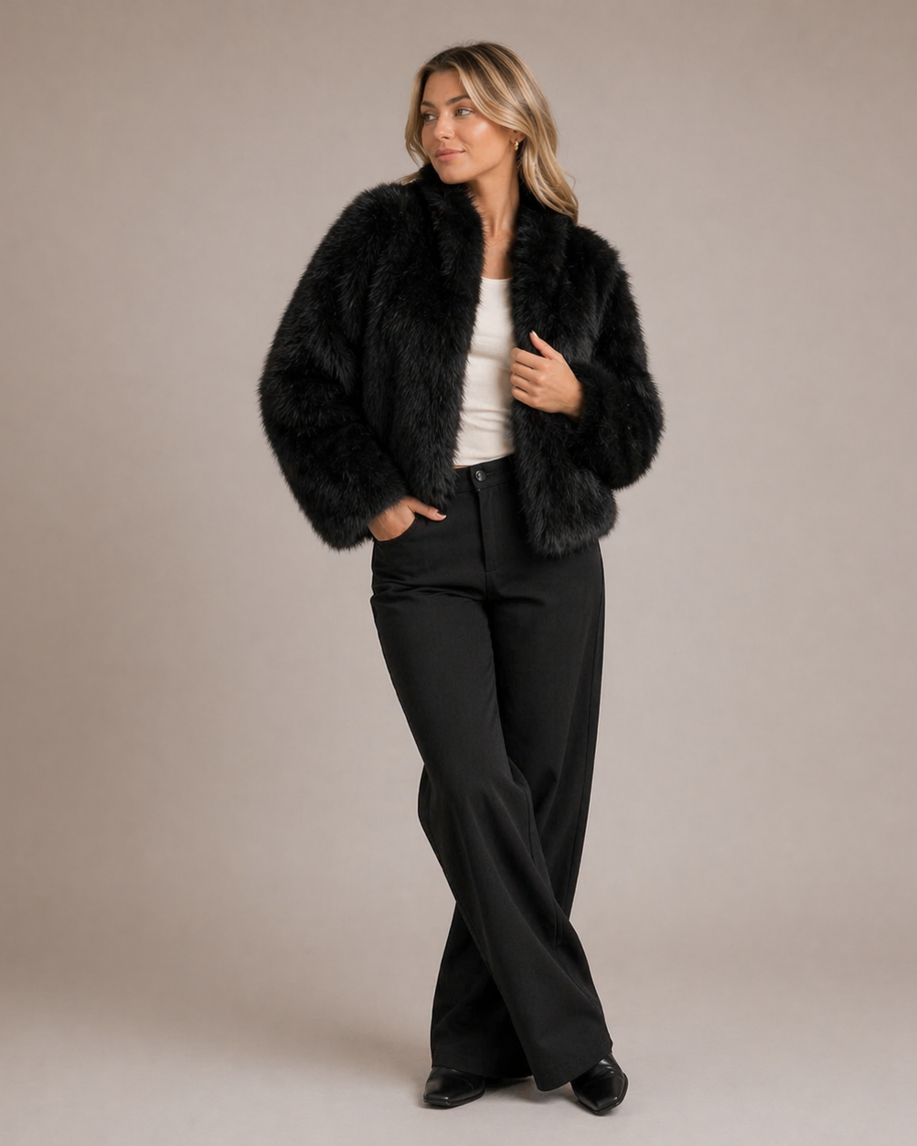 Lumina Wear Isabella plush cropped faux fur jacket with relaxed fit, shown in a cozy, stylish design.