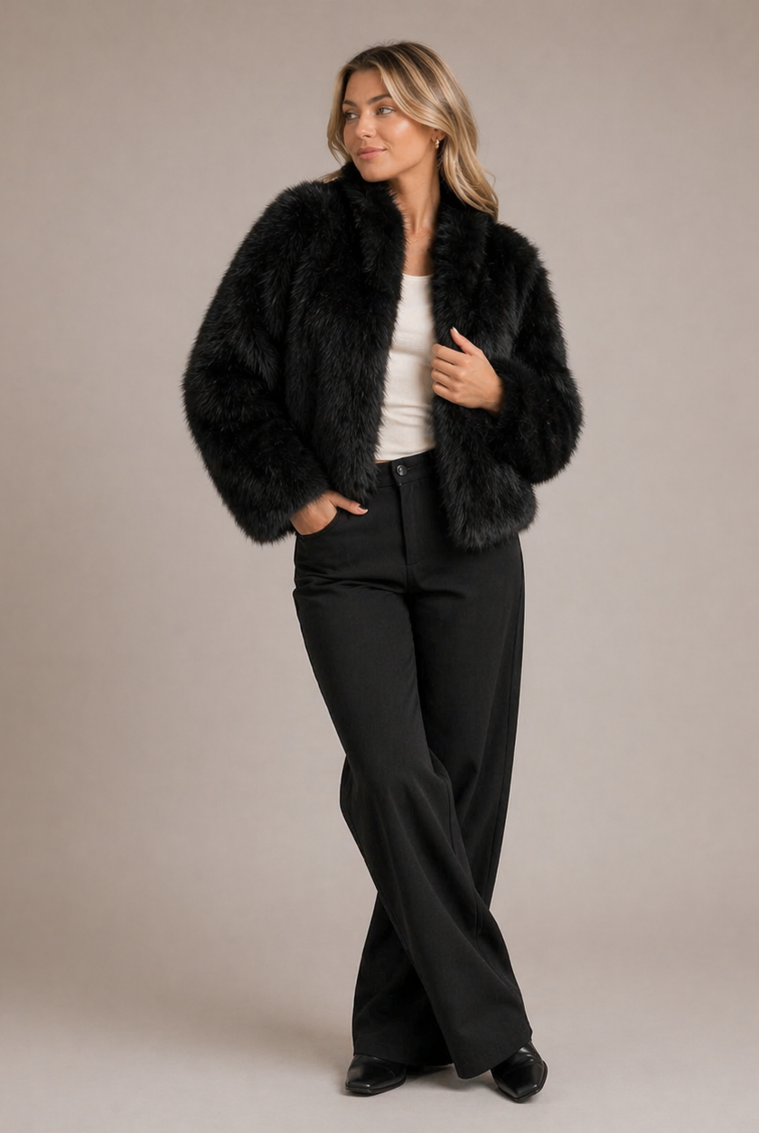 Lumina Wear Isabella plush cropped faux fur jacket for women, featuring a relaxed fit and cozy texture.
