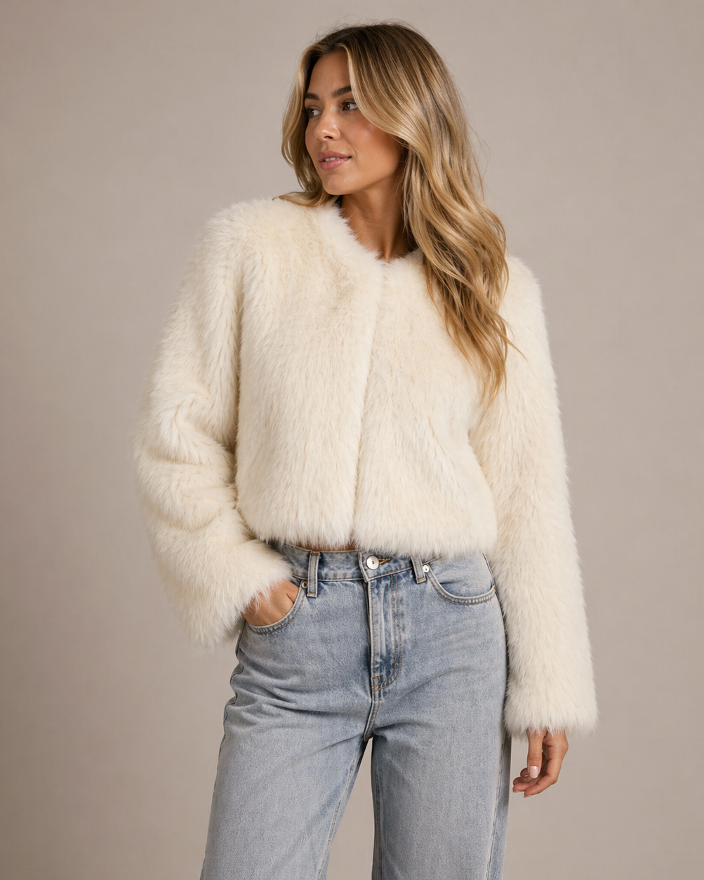 Isabella Lumina plush faux fur cropped jacket with relaxed fit, soft texture, and cozy style, shown from the front.
