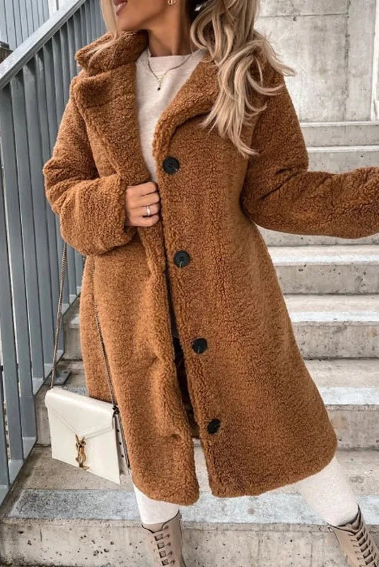 Women's plush textured high collar winter overcoat by Lumina Wear, featuring a stylish design and warm, cozy fabric.