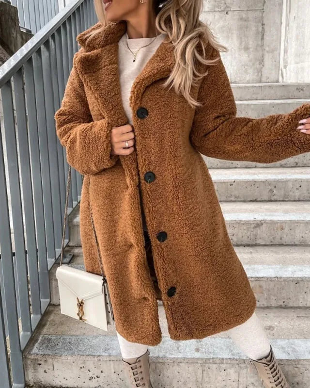 Luxurious plush textured high collar winter coat for women by Lumina Wear, featuring a stylish overcoat design.