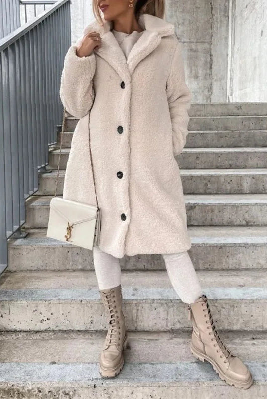 Isabella plush textured high collar women's winter overcoat by Lumina Wear, featuring a cozy, stylish design and warm high collar.