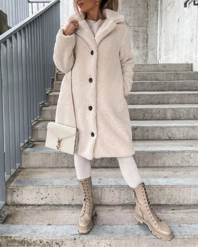 Lumina Wear Isabella plush textured high collar winter overcoat for women, stylish and warm with a cozy collar detail.