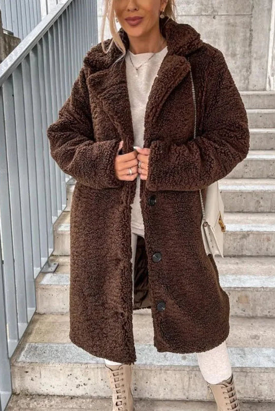 Lumina Wear Isabella plush textured high collar winter coat for women, featuring a cozy design and stylish high collar.