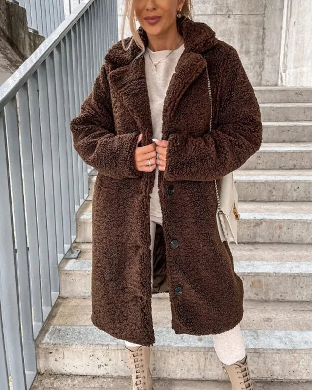 Luxurious plush textured high collar winter coat for women by Lumina Wear, featuring a stylish and warm overcoat design.
