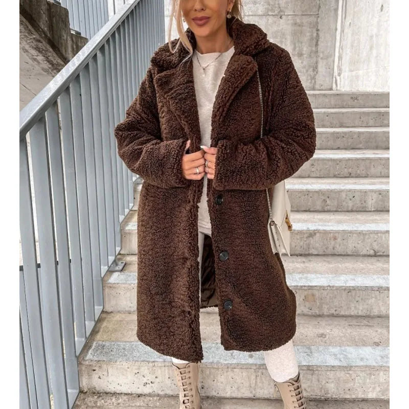 Lumina Wear Isabella plush textured high collar winter coat for women, featuring a cozy design and stylish high collar.