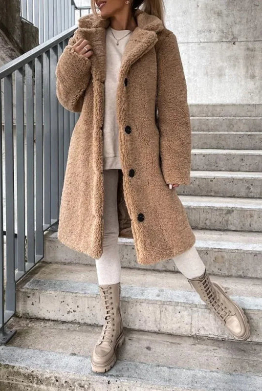 Luxurious plush textured high collar winter overcoat for women by Lumina Wear, featuring a stylish and warm design.