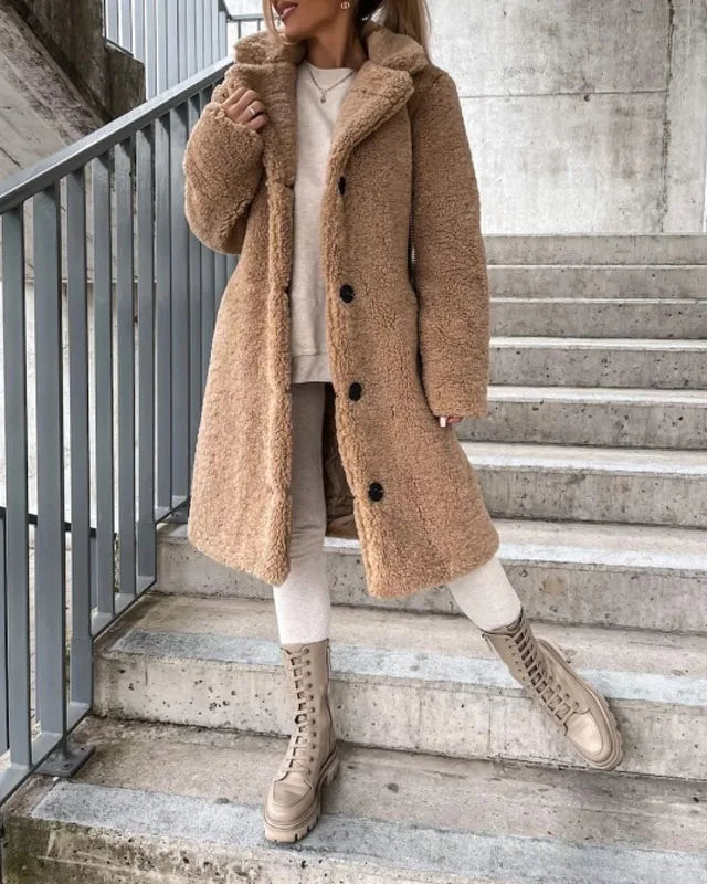 Luxurious plush textured high collar winter coat for women by Lumina Wear, featuring a stylish design and cozy fit.