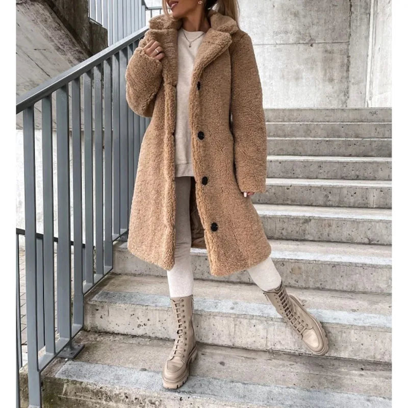 Luxurious plush textured high collar winter overcoat for women by Lumina Wear, featuring a stylish and warm design.