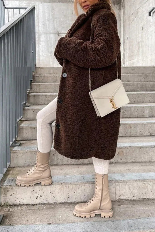 Lumina Wear Isabella plush textured high collar winter overcoat for women, showcasing cozy fabric and stylish design.
