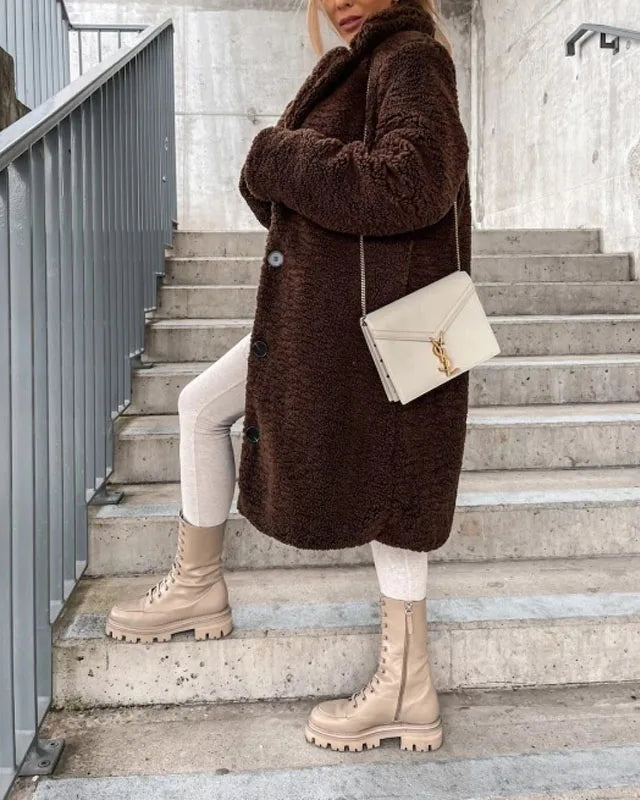Isabella plush textured high collar winter overcoat for women by Lumina Wear, featuring a cozy, stylish design and high collar.