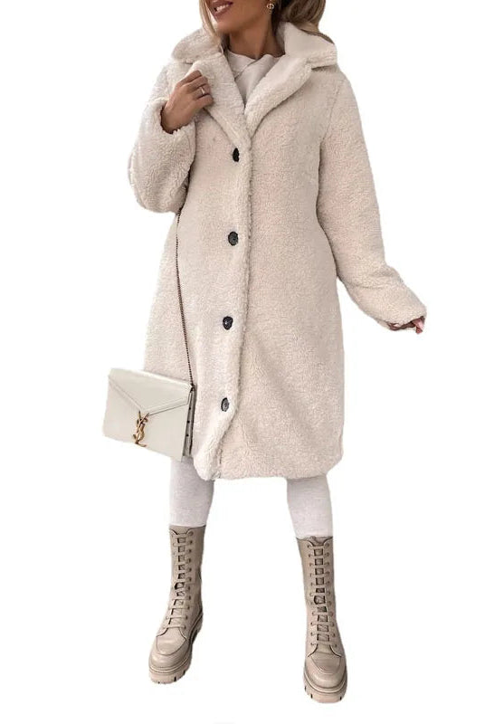 Lumina Wear Isabella plush textured high collar winter overcoat for women, featuring a cozy, stylish design and warm winter fabric.