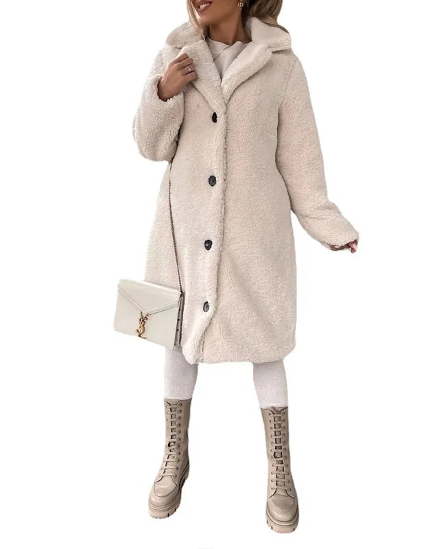Luxurious plush textured winter overcoat for women with a high collar by Lumina Wear, featuring a stylish and cozy design.