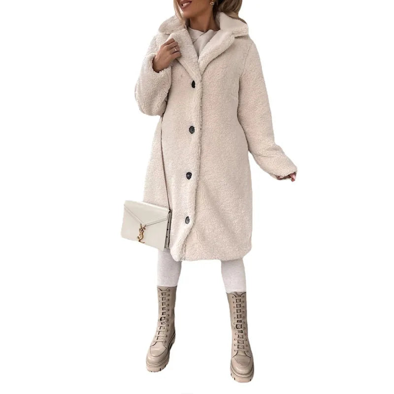 Lumina Wear Isabella plush textured high collar winter overcoat for women, featuring a cozy, stylish design and warm winter fabric.