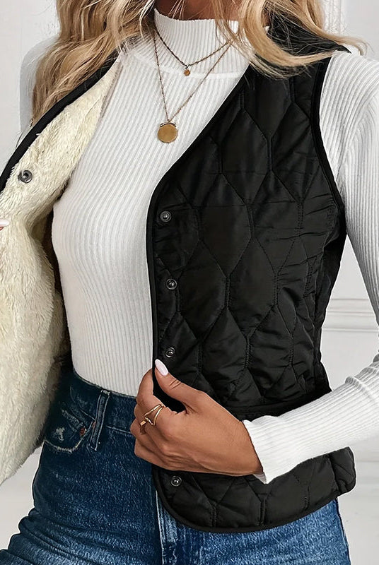 Lumina Wear Isabella quilted snap-front vest with sherpa lining, showcasing warm, stylish outerwear for women.