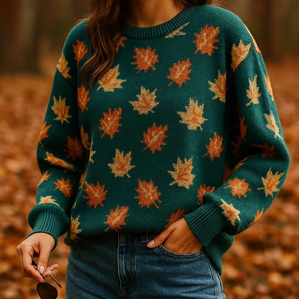 Lumina Wear Isabella women's sweater with autumn leaf pattern, relaxed fit, ribbed details, perfect for fall comfort.