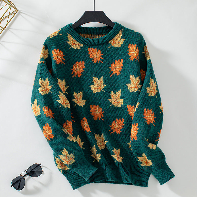Lumina Wear Isabella relaxed autumn leaf pattern sweater for women with ribbed details, showcasing cozy knit fabric and fall-inspired design.